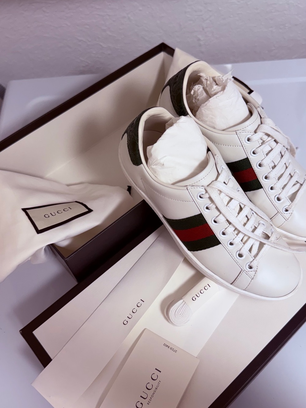 Gucci Ace Web Sneakers White Leather Green Red Stripe Size 5